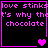 Pixelated text reads "love stinks it's why that chocolate" in bright pink on black, with a single heart icon below the top-left quadrant.