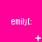 A bright pink background displays three of 'emily[' text with changing white symbols between them