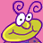 Pixelated cartoon character with large white eyes, purple antennae, and a yellow-green body against pink background.