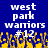 Blue background with white text reading "west park warriors #12" and yellow pixelated shapes resembling flames or grass at the bottom.