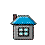 Pixelated house icon animation with blue roof, gray walls, and four-pane windows across eight frames showing rotation and shadow changes.