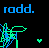 Blue text 'rodd.' appears above a pixelated green and blue abstract shape with a small heart on black background.