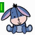 Pixelated cartoon donkey with blue-gray body and pink inner ears sits in three variations: neutral, text-covered, and head-down.