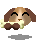 Pixelated dog head with brown ears and light brown face holding a bone, showing two eye expressions in sequence.