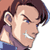 Pixelated anime-style character face in profile view with dark hair, purple clothing, and visible teeth showing a slight smile or grimace against white background.