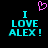 Pixelated cyan text reads "I LOVE ALEX!" with a pink heart above, on black background.
