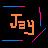Pixelated static icon featuring stylized orange text "Jay" with blue and pink accent lines on a dark background.