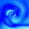 A blue-toned animated sequence showing a swirling vortex with shifting light patterns and pixelated textures
