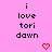Pixelated pink background with repeated text "i love tori dawn" and red heart symbols in a