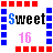 A 48x48 pixel animated contact sheet showing seven frames of a 'Sweet' text icon with changing colors and partial grid elements, arranged in a 3x3 layout with one grayed-out cell.