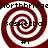 Four identical circular spiral patterns with alternating dark red and white stripes, each containing text elements.