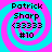 Four identical pixelated icons arranged in a , each featuring a cyan and magenta spiral background with black text reading Patrick Sharp, 3333, and #10