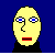 Yellow pixelated face with blue eyes and red mouth on dark blue background, showing sequential animation of head movements and text changes.