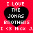 Red background with four black heart shapes containing white text reading "I LOVE THE JONAS BROTHERS" and "I <3 Nick J.I" below each heart.