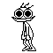 Pixelated character with large round eyes and antennae walks in a looped animation across on gray background