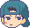 Pixel art character with teal headscarf and closed eyes in multiple expressions including neutral, smiling, and blushing.