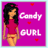 Pixelated 48x48 buddy icon featuring a cartoon woman in pink top and orange shorts against magenta background with red hearts and text "Candy GURL".