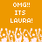 Static pixel art image with orange background, white text reading "OMG!! ITS LAURA!", and a of stylized cheering figures at the bottom