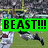 Football player in mid-air jump with green 'BEAST!!!' text overlay on a stadium background.