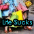 A pixelated animated icon shows a woman in yellow dress walking with shopping bags, text changes from 'life Sucks' to 'Go Shopping !!!!'
