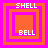 Four square display layered orange and pink borders with 'SHELL' text at top and 'BELL' text at bottom, each showing distinct border layering variations
