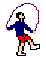 Pixelated figure in blue top and red shorts performs jump rope animation with red-dotted rope against white background.