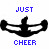 Two side-by-side animated frames of a cheerleading icon showing a black silhouette with arms raised, blue and pink text above/below the figure on white background.
