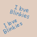 A static image with light beige background displaying repeated blue text "I love Blinkies" in diagonal orientation, some instances accompanied by small white dots.