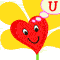 Two red heart-shaped figures with smiling faces stand against a yellow flower background, each with a thought bubble containing a red 'U'.