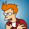 Pixelated cartoon character with orange spiky hair, white shirt, red jacket, and hands on chest against blue gradient background.