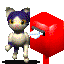 Pixelated cartoon cat with purple hair and white body stands next to red mailbox, holding a small blue object in its right hand.