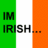 Green, white, and orange vertical stripes with text on left; cartoon leprechaun in green uniform holding a hammer on right.