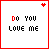 20 pixel-art with red borders, each displaying text variations like 'DO YOU LOVE ME' and 'FORGET IT' in black and red pixels