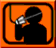 Animated contact sheet showing six frames of a buddy icon with an orange square containing a black silhouette drinking from a silver cup, transitioning to metallic cone shapes against black backgrounds.