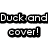 Pixelated image with text 'Duck and cover!' on left, light-colored dog wearing red bow holding cigar in mouth on right.