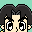 Pixel art contact sheet showing three frames of an animated character with black hair, large eyes, and a smiling expression against a light green background.