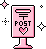 Two static frames of a pixel art post box icon with pink and white colors, featuring the word "POST" and heart symbols on a gray background with sparkles.