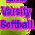 Pixelated image with text overlays: 'Varsity Softball' in blue on pink, 'ller Stat' in red on black, and green names below.