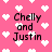Pink background with white pixelated hearts and repeated text 'Chelly and Justin' in black pixelated font.