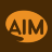 Pixelated orange speech bubble contains dark brown text 'AIM' on solid brown background