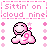 A 4-frame animated contact sheet of a pink cartoon character sitting on a cloud with the text 'Sittin' on cloud nine!' in pixelated font, surrounded by small pink flowers and stars.