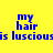 Four quadrants display identical pixelated text 'my hair is luscious' in blue on yellow, peach, pink, and peach backgrounds.