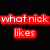 six with text overlays: red 'what nick likes' on black, tennis racket and balls on clay court, woman in red dress, stick figure holding microphone, white 'but nick hates', and grayscale image with 'emo people!' text