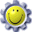 Three identical yellow smiley face icons with gray gear-like borders arranged in a 2x2 contact sheet layout, each showing the same static expression and design.