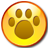 Yellow circular icon with orange border featuring brown paw print on yellow background