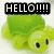 Green turtle-shaped icon with black text overlays reading HELLO!!!!, I AM A, and TURTLE!!! across three