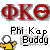 Red Greek letters ΦΚΘ above black text "Phi Kap Buddy" and a pixelated character in yellow shirt holding white ball on gray background.
