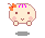 A 4-frame pixel art animation of a round cartoon character with pink cheeks, orange bow, and purple hair marks in four distinct expressions on gray background.