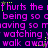 Animated text repeats 'it hurts the' and related phrases in purple pixelated font on dark blue background with yellow star accents.