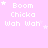 A static image with a light pink background displays repeated text "Boom Chicks Wah Wah" in white pixelated font, accompanied by small white stars.